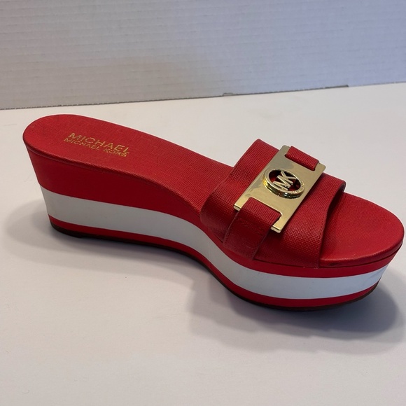 Michael Michael Kors Women's Wedges Sandals Slip On SZ 8 Red White Gold MK Accen - Picture 2 of 12